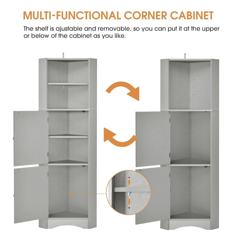 Tall Bathroom Corner Cabinet, Freestanding Storage Cabinet with Doors and Adjustable Shelves