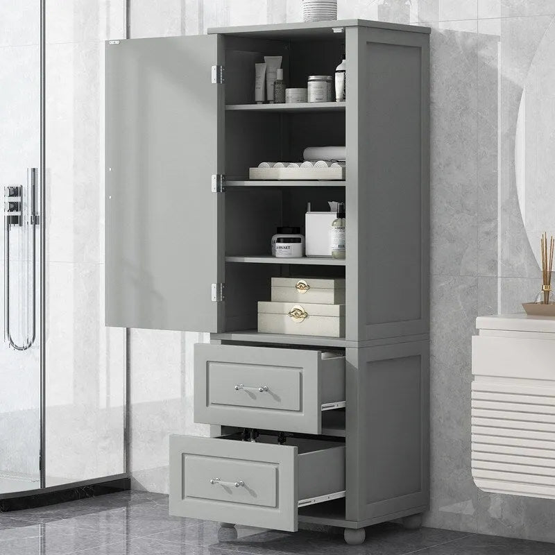 Tall Bathroom Storage Cabinet with Two Drawers and Adjustable Shelf