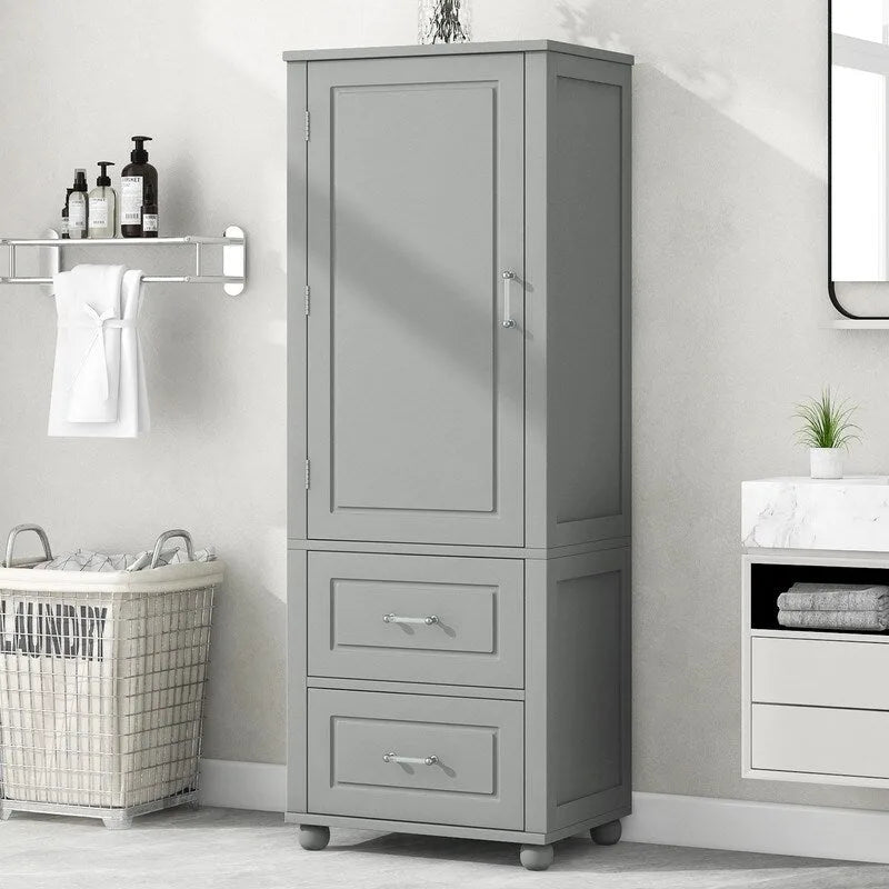 Tall Bathroom Storage Cabinet with Two Drawers and Adjustable Shelf