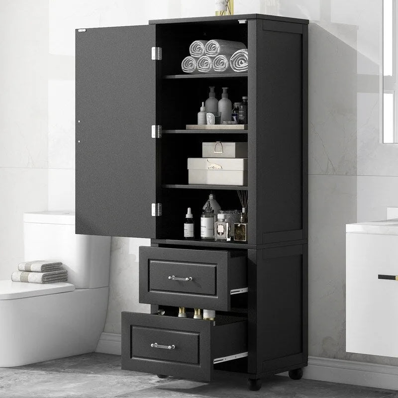 Tall Bathroom Storage Cabinet with Two Drawers and Adjustable Shelf