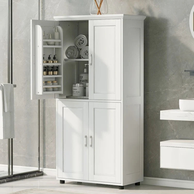 Tall and Wide Bathroom Floor Storage Cabinet Bathroom Storage Unit Freestanding Cabinet with 4 Doors Adjustable Shelves