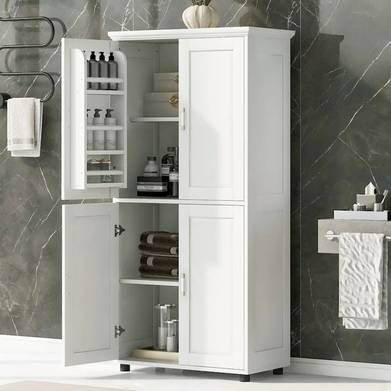Tall and Wide Bathroom Floor Storage Cabinet Bathroom Storage Unit Freestanding Cabinet with 4 Doors Adjustable Shelves