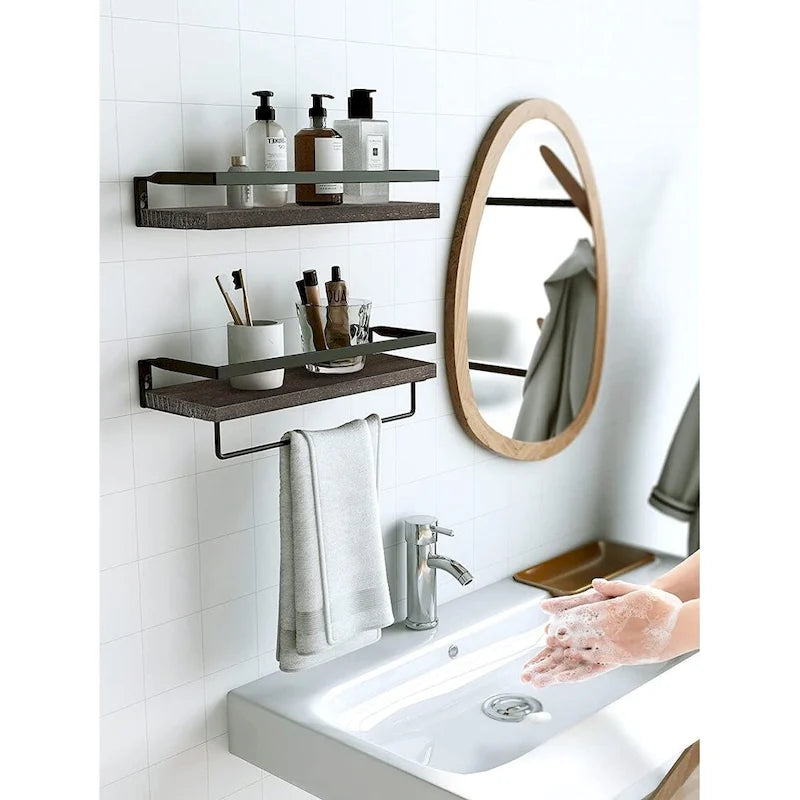 Dark Brown Floating Bathroom Shelf with Towel Rail for bathroom/living/kitchen/bedroom (set of 2)