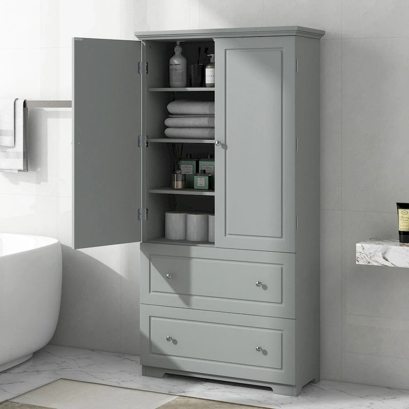 Wide Bathroom Storage Cabinet, Freestanding Storage Cabinet with Two Drawers and Adjustable Shelf