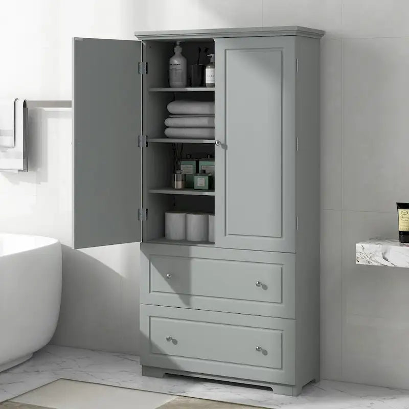 Wide Bathroom Storage Cabinet, Freestanding Storage Cabinet with Two Drawers and Adjustable Shelf