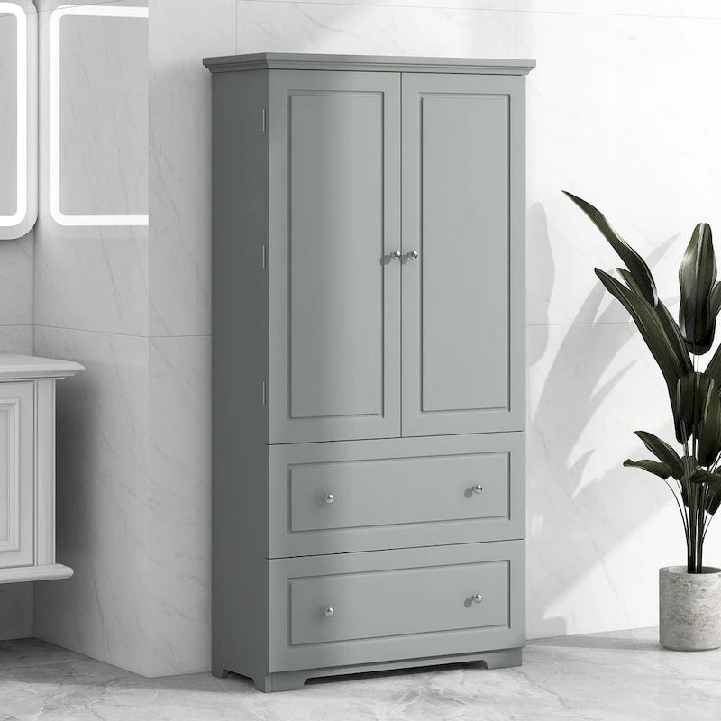 Wide Bathroom Storage Cabinet, Freestanding Storage Cabinet with Two Drawers and Adjustable Shelf