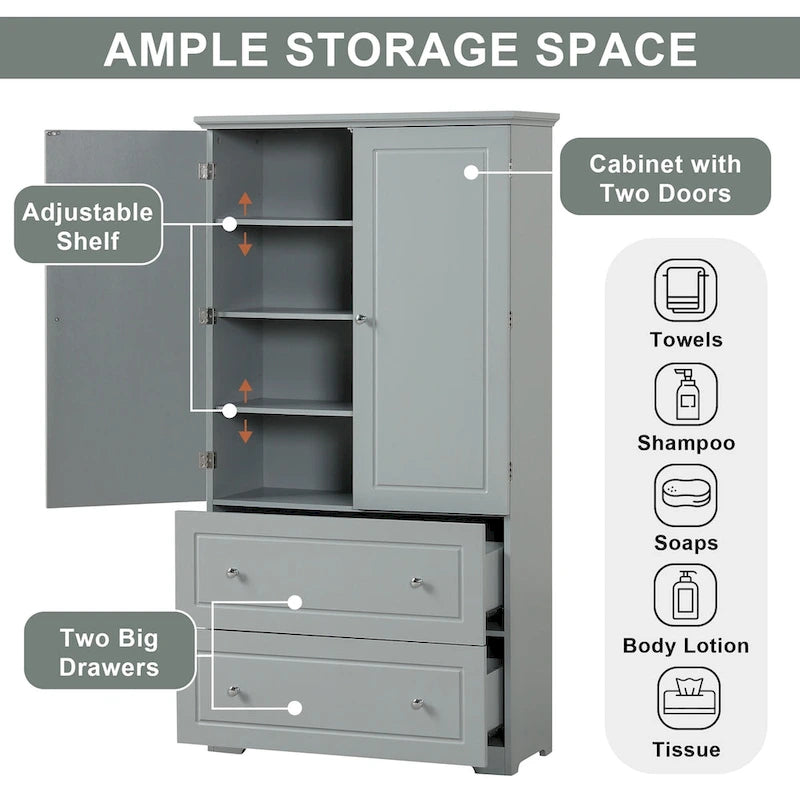 Wide Bathroom Storage Cabinet, Freestanding Storage Cabinet with Two Drawers and Adjustable Shelf