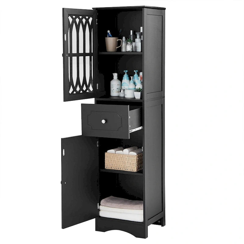 Freestanding Bathroom Storage Cabinet with Drawer and Doors, Adjustable Shelf