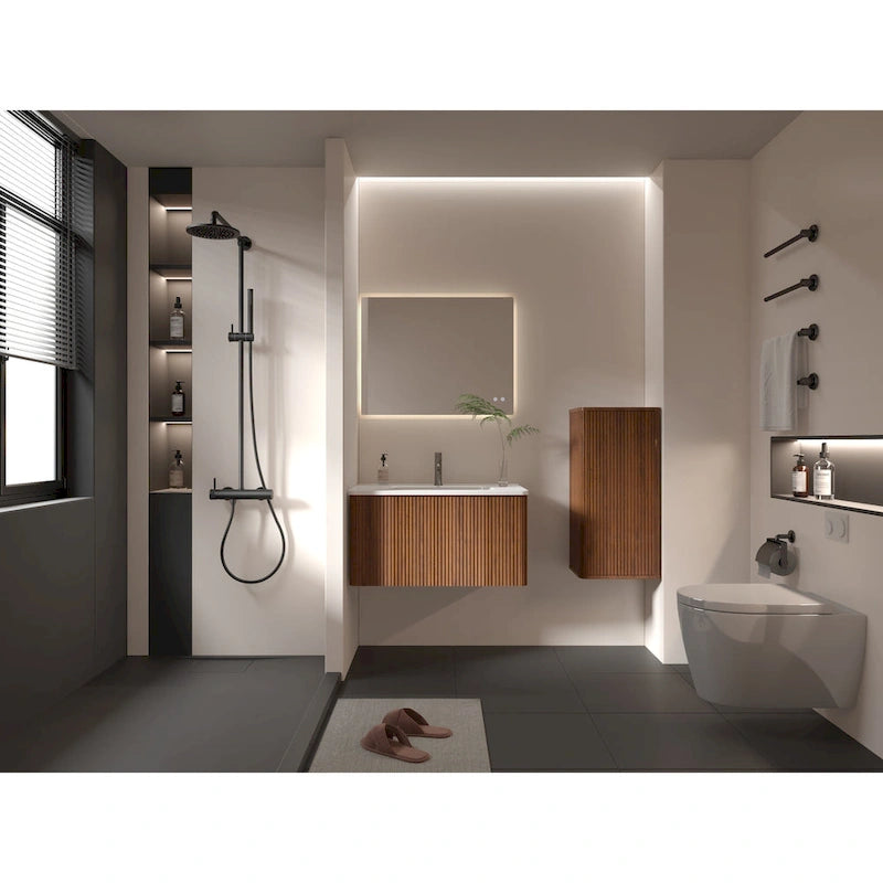 Striped Walnut Bathroom Floating Side Cabinet, Wall-mounted Storage Cabinet for Small Spaces