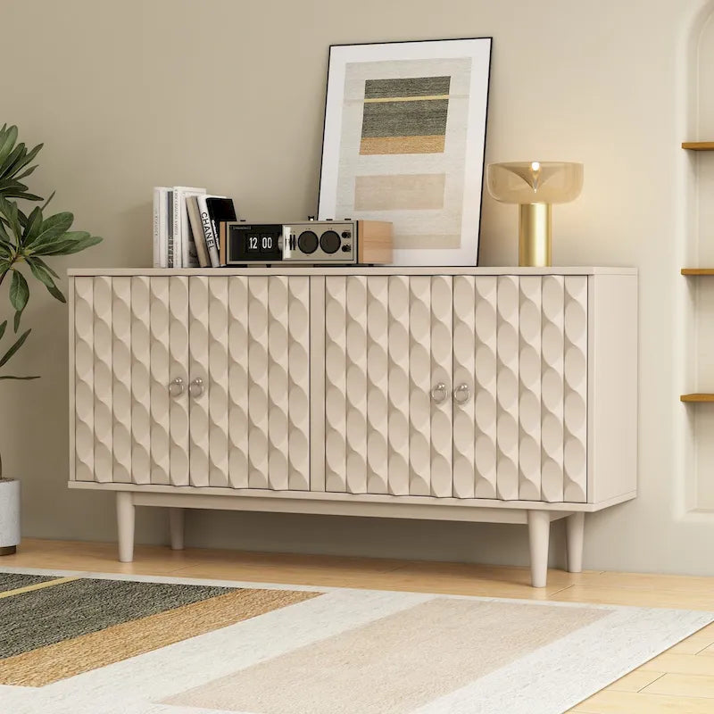 Modern 4-door Sideboard with Convex Pattern Doors and 2 Silver Handle for Living Room, Dining Room, Kitchen