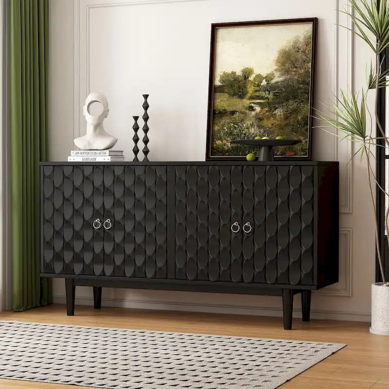 Modern 4-door Sideboard with Convex Pattern Doors and 2 Silver Handle for Living Room, Dining Room, Kitchen