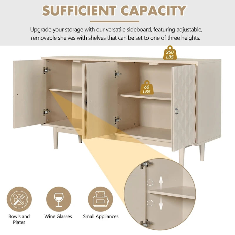 Modern 4-door Sideboard with Convex Pattern Doors and 2 Silver Handle for Living Room, Dining Room, Kitchen
