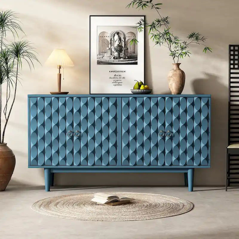 Modern 4-door Sideboard with Convex Pattern Doors and 2 Silver Handle for Living Room, Dining Room, Kitchen
