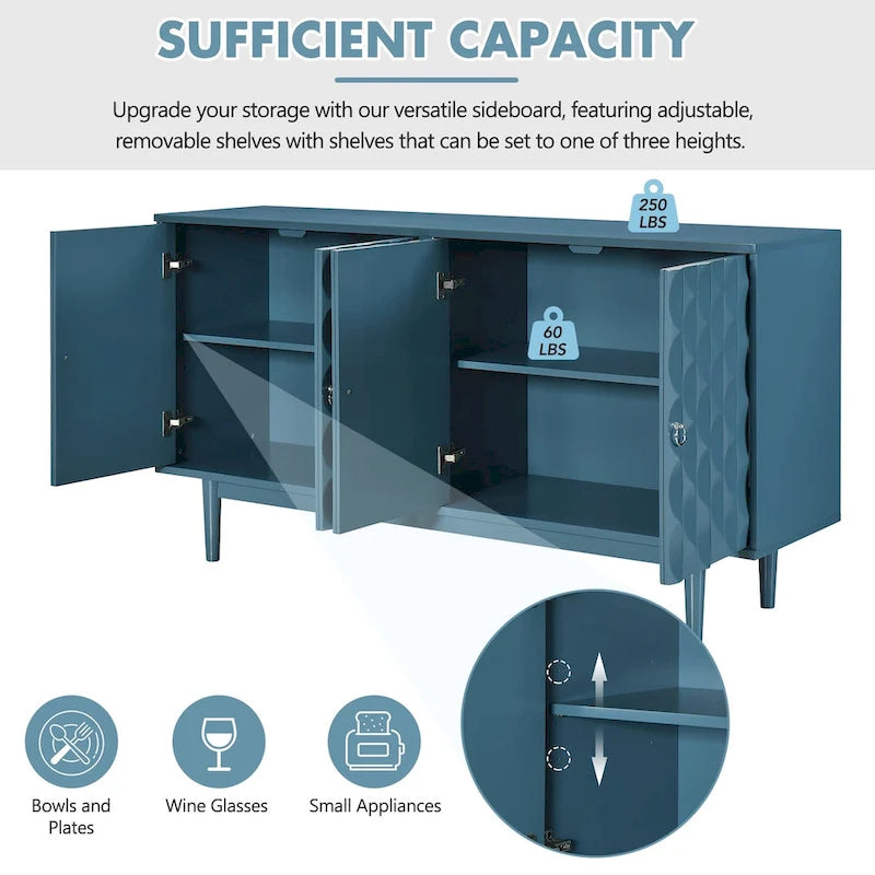 Modern 4-door Sideboard with Convex Pattern Doors and 2 Silver Handle for Living Room, Dining Room, Kitchen