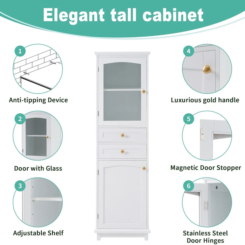Tall Bathroom Storage Cabinet with Glass Doors