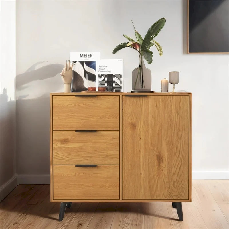 Wood Sideboard Buffet Cabinet with 3 Drawers & Adjustable Shelf & Door