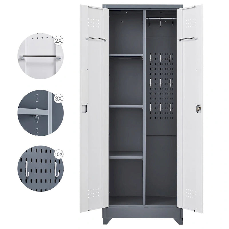 Metal Storage Cabinets, Cleaning Tool Cabinet with Locking Door, Tall Broom Tool Organizer and Storage, Large Storage Cabinet