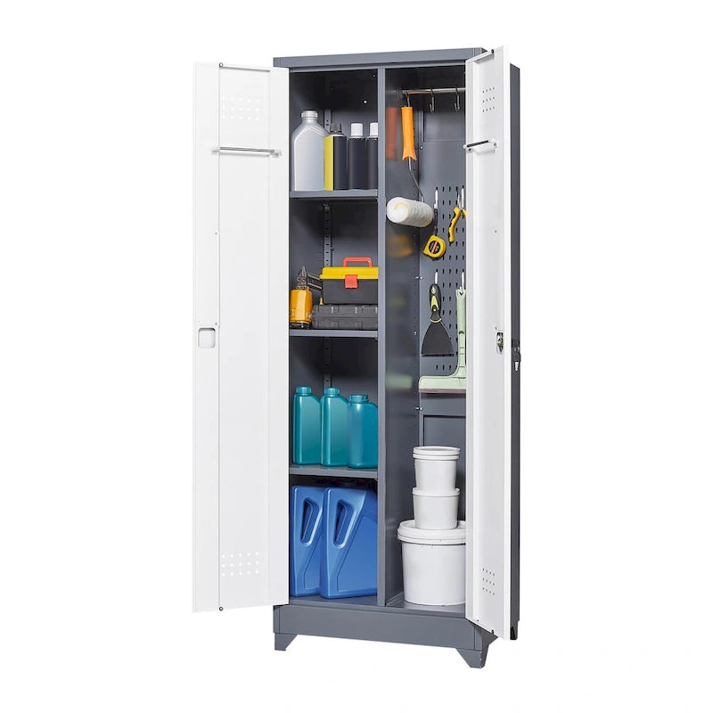 Metal Storage Cabinets, Cleaning Tool Cabinet with Locking Door, Tall Broom Tool Organizer and Storage, Large Storage Cabinet