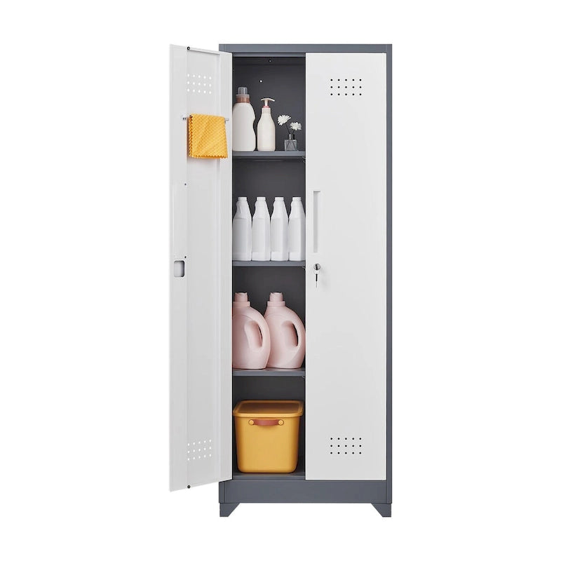 Metal Storage Cabinets, Cleaning Tool Cabinet with Locking Door, Tall Broom Tool Organizer and Storage, Large Storage Cabinet