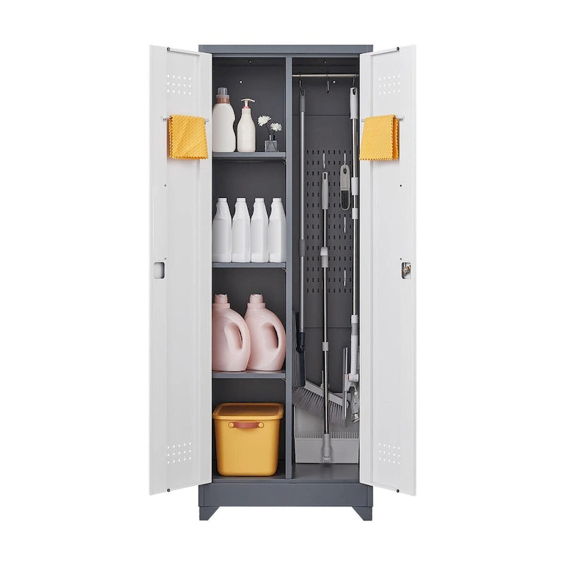 Metal Storage Cabinets, Cleaning Tool Cabinet with Locking Door, Tall Broom Tool Organizer and Storage, Large Storage Cabinet