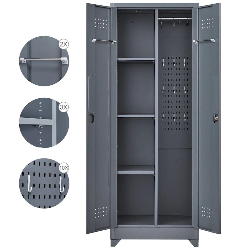 Metal Storage Cabinets, Cleaning Tool Cabinet with Locking Door, Tall Broom Tool Organizer and Storage, Large Storage Cabinet