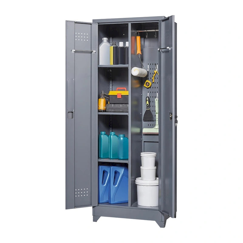 Metal Storage Cabinets, Cleaning Tool Cabinet with Locking Door, Tall Broom Tool Organizer and Storage, Large Storage Cabinet