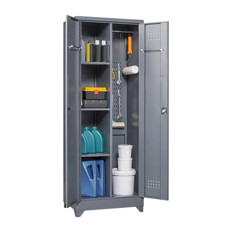 Metal Storage Cabinets, Cleaning Tool Cabinet with Locking Door, Tall Broom Tool Organizer and Storage, Large Storage Cabinet