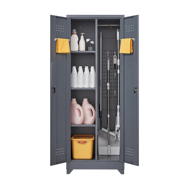 Metal Storage Cabinets, Cleaning Tool Cabinet with Locking Door, Tall Broom Tool Organizer and Storage, Large Storage Cabinet