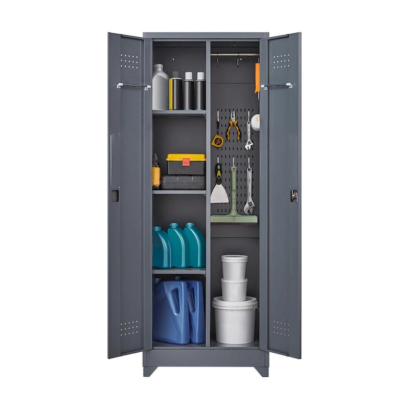 Metal Storage Cabinets, Cleaning Tool Cabinet with Locking Door, Tall Broom Tool Organizer and Storage, Large Storage Cabinet