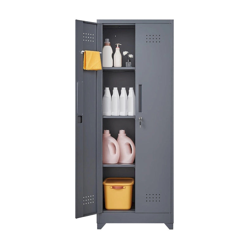Metal Storage Cabinets, Cleaning Tool Cabinet with Locking Door, Tall Broom Tool Organizer and Storage, Large Storage Cabinet