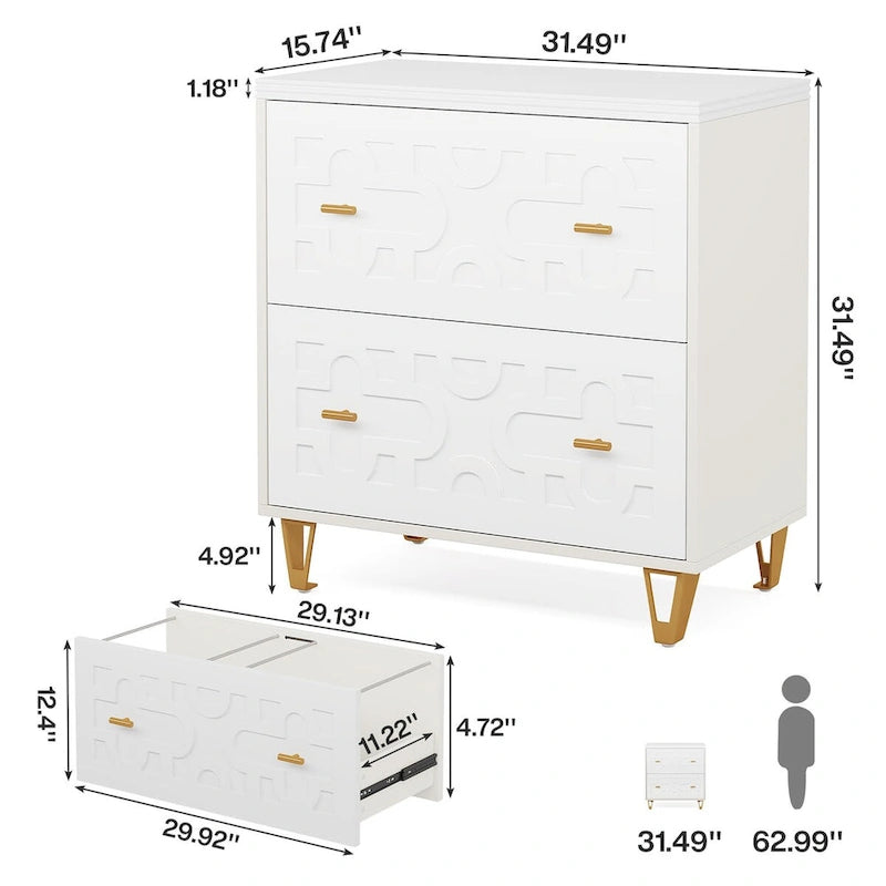 Modern 2-Drawer Lateral File Cabinet, White Office Filing Cabinet for Legal/Letter/A4 Size