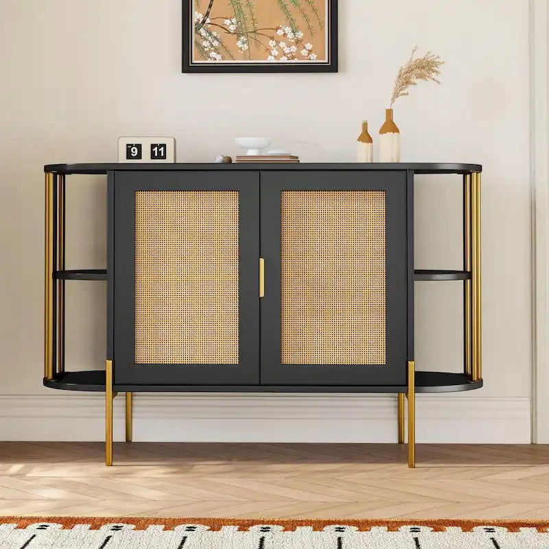 2-Door Curved Dining Cabinet - Elegant with Gold Trim and Woven Rattan Doors