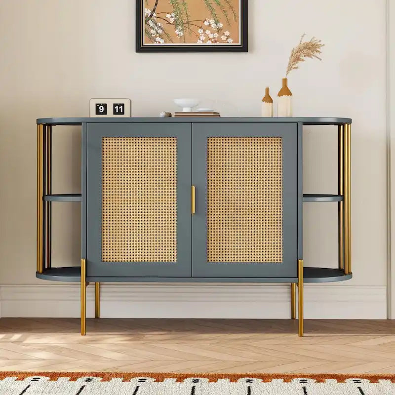 2-Door Curved Dining Cabinet - Elegant with Gold Trim and Woven Rattan Doors