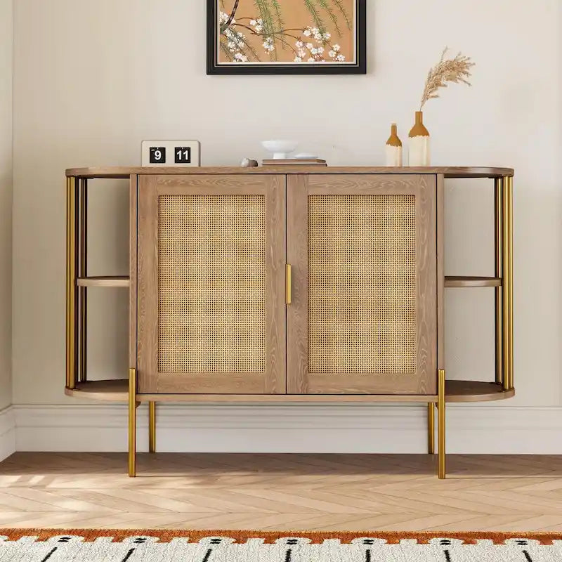 2-Door Curved Dining Cabinet - Elegant with Gold Trim and Woven Rattan Doors