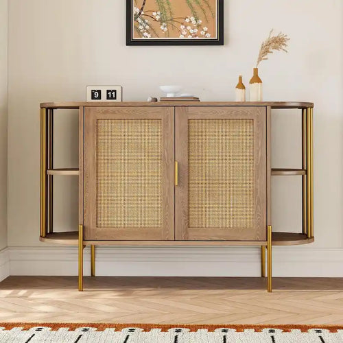 2-Door Curved Dining Cabinet - Elegant with Gold Trim and Woven Rattan Doors