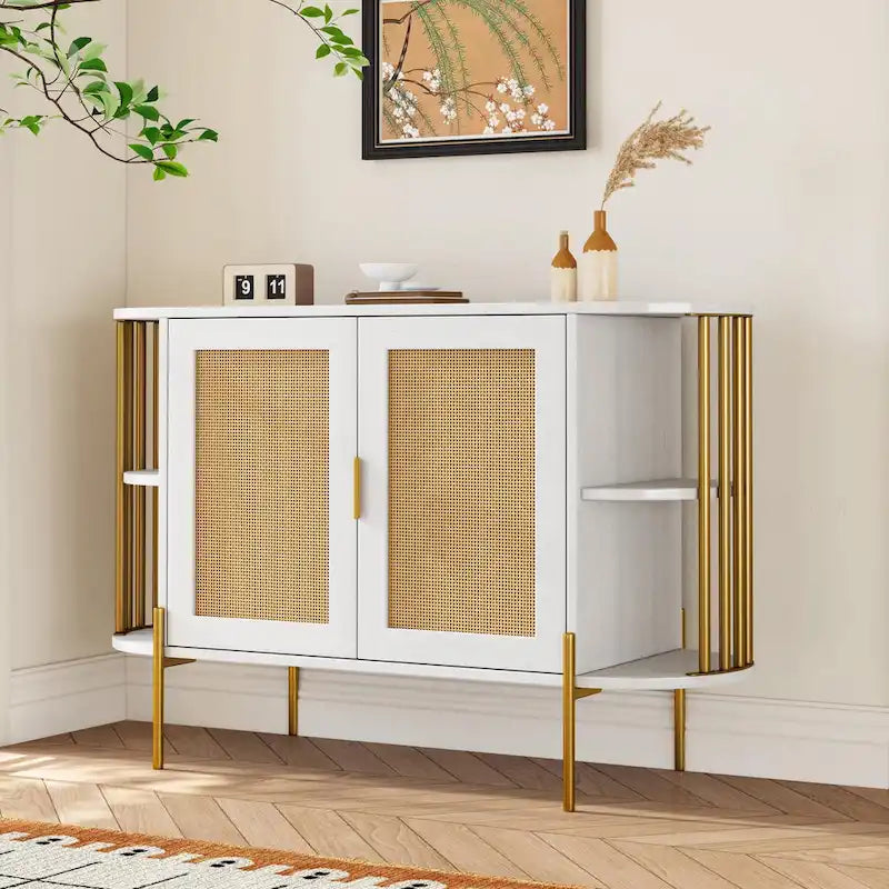 2-Door Curved Dining Cabinet - Elegant with Gold Trim and Woven Rattan Doors