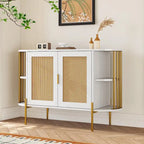 2-Door Curved Dining Cabinet - Elegant with Gold Trim and Woven Rattan Doors