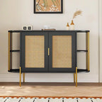 2-Door Curved Dining Cabinet - Elegant with Gold Trim and Woven Rattan Doors