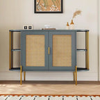 2-Door Curved Dining Cabinet - Elegant with Gold Trim and Woven Rattan Doors