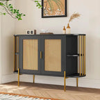 2-Door Curved Dining Cabinet - Elegant with Gold Trim and Woven Rattan Doors