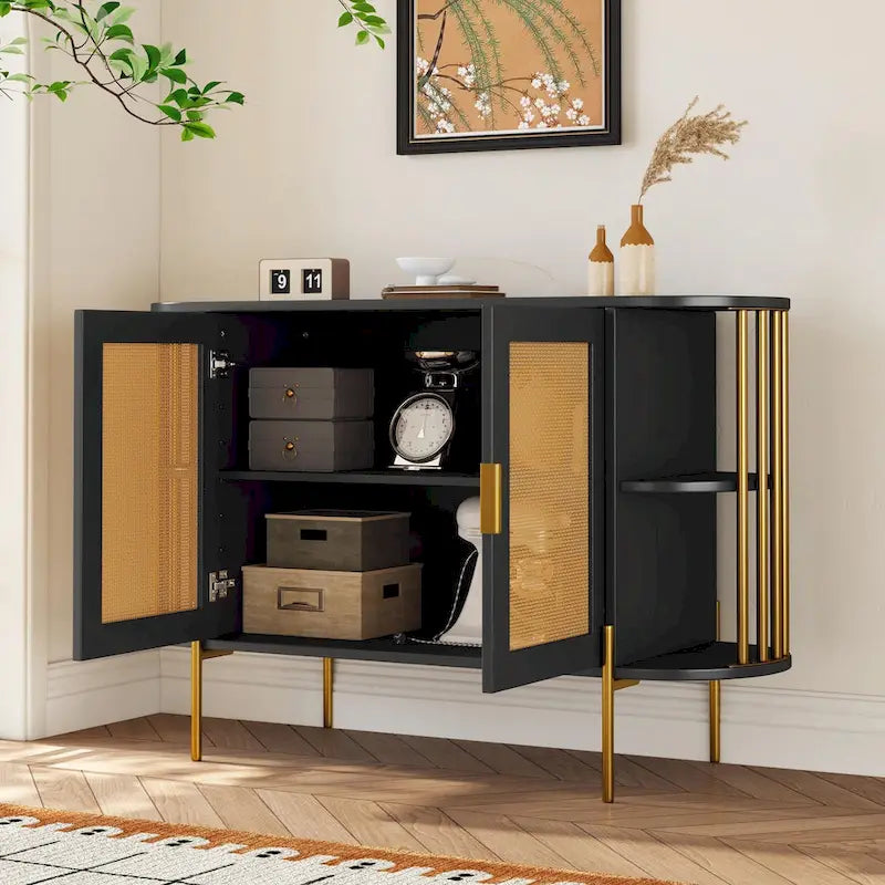 2-Door Curved Dining Cabinet - Elegant with Gold Trim and Woven Rattan Doors