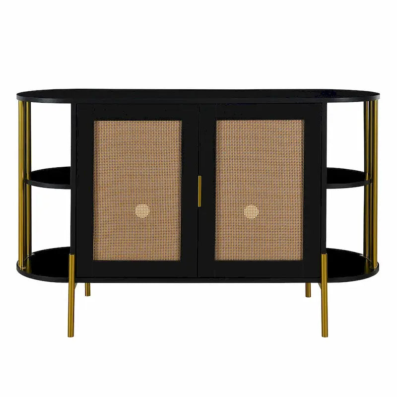 2-Door Curved Dining Cabinet - Elegant with Gold Trim and Woven Rattan Doors