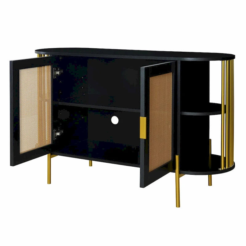 2-Door Curved Dining Cabinet - Elegant with Gold Trim and Woven Rattan Doors