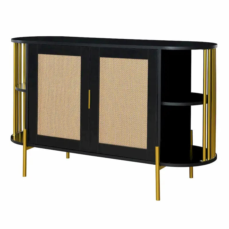 2-Door Curved Dining Cabinet - Elegant with Gold Trim and Woven Rattan Doors