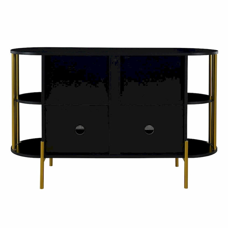 2-Door Curved Dining Cabinet - Elegant with Gold Trim and Woven Rattan Doors