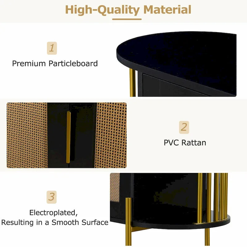 2-Door Curved Dining Cabinet - Elegant with Gold Trim and Woven Rattan Doors