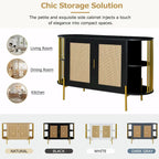 2-Door Curved Dining Cabinet - Elegant with Gold Trim and Woven Rattan Doors