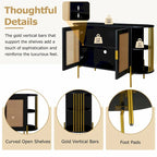 2-Door Curved Dining Cabinet - Elegant with Gold Trim and Woven Rattan Doors