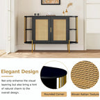 2-Door Curved Dining Cabinet - Elegant with Gold Trim and Woven Rattan Doors