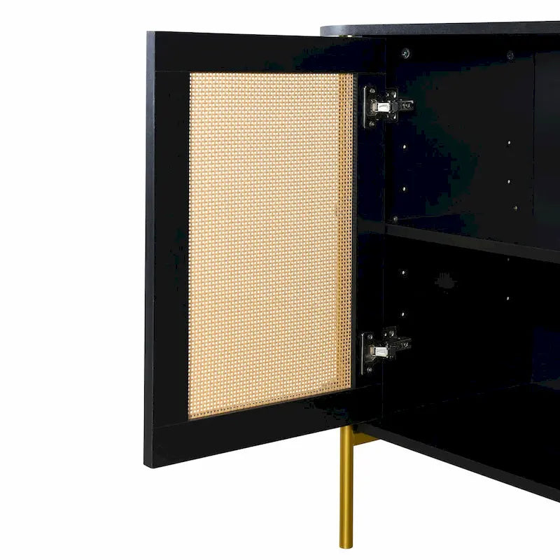 2-Door Curved Dining Cabinet - Elegant with Gold Trim and Woven Rattan Doors